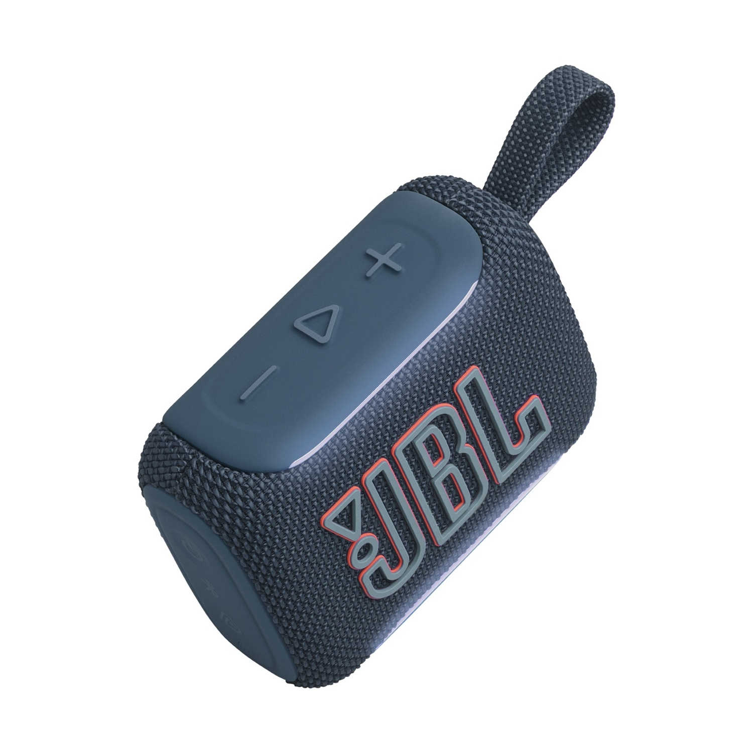 Un altoparlante JBL blu scuro con cinturino e pulsanti di controllo.