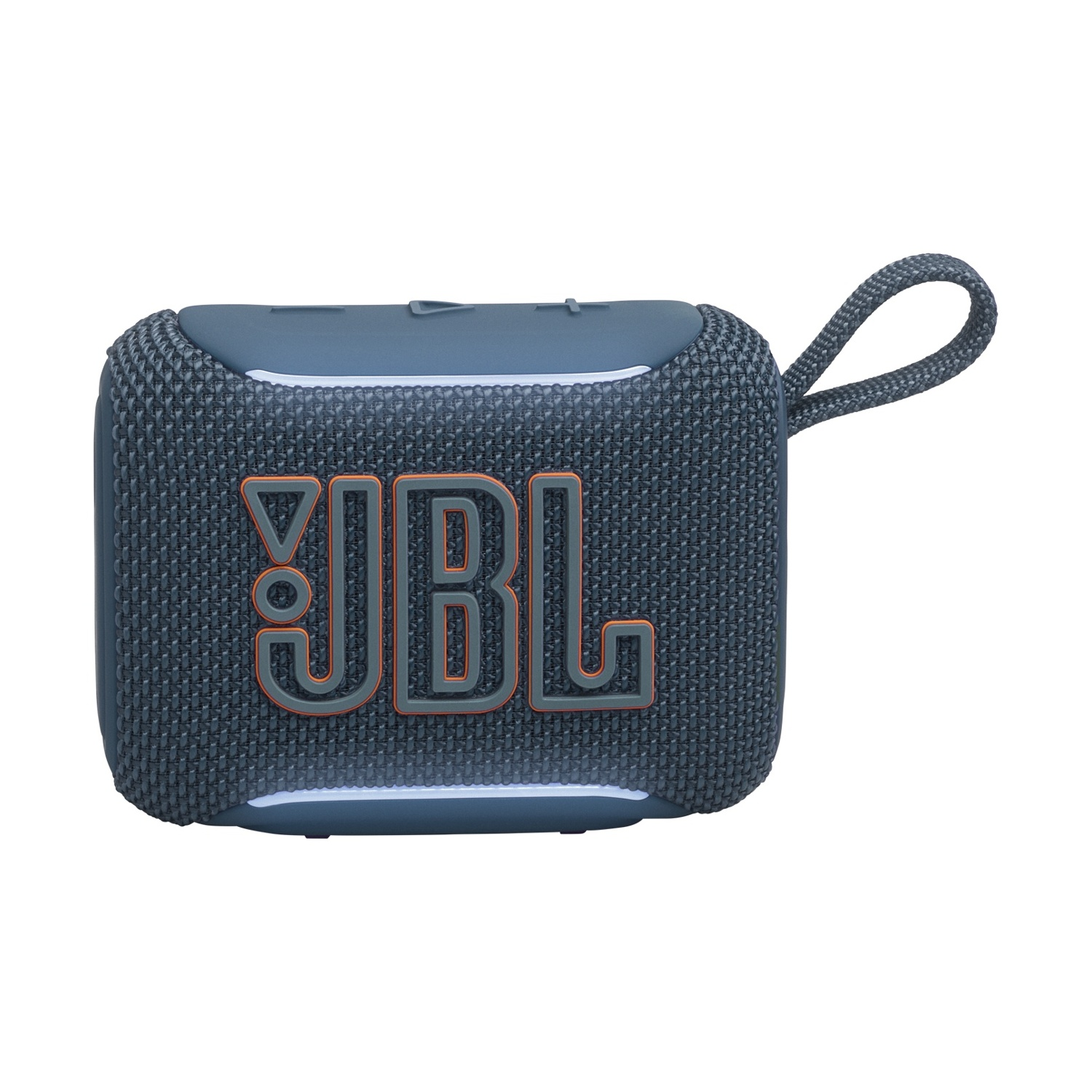 Altoparlante JBL Go 3 grigio con texture in tessuto e logo JBL arancione.