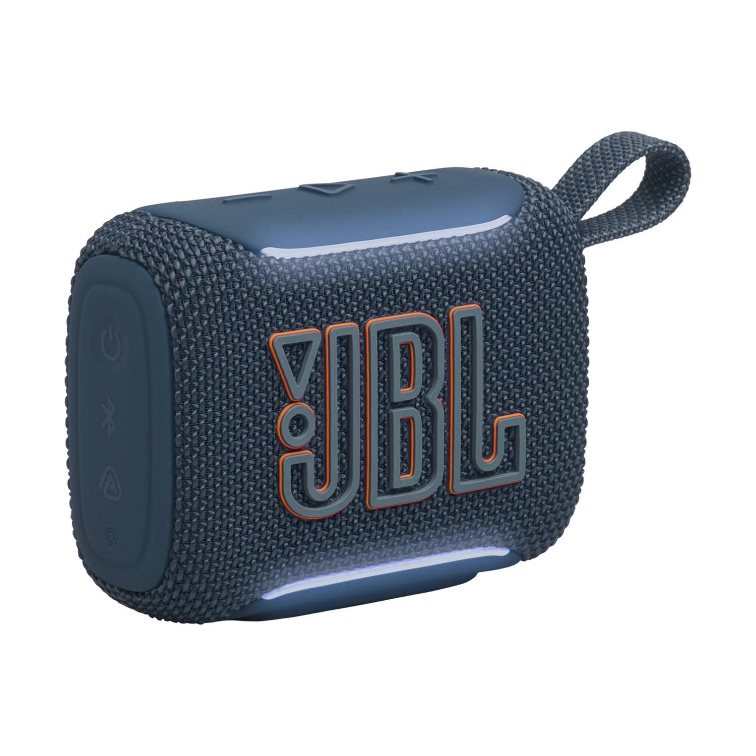 Un altoparlante JBL Go 3 blu con tracolla, su sfondo bianco.
