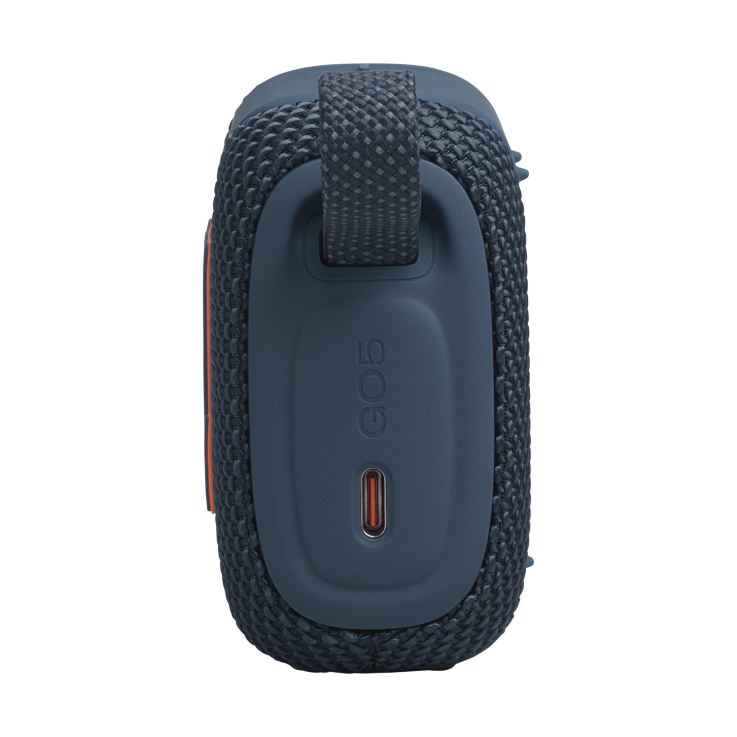 Altoparlante blu con "GO5" e porta USB-C, con tracolla.