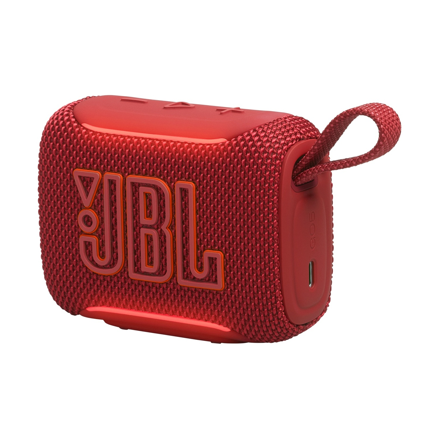 Altoparlante Bluetooth JBL rosso con griglia in tessuto e tracolla.