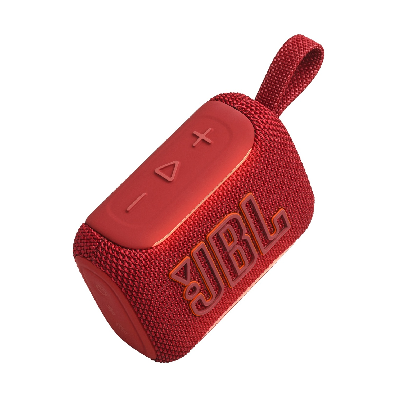 Un piccolo speaker Bluetooth JBL rosso con cinturino e pulsanti di controllo.
