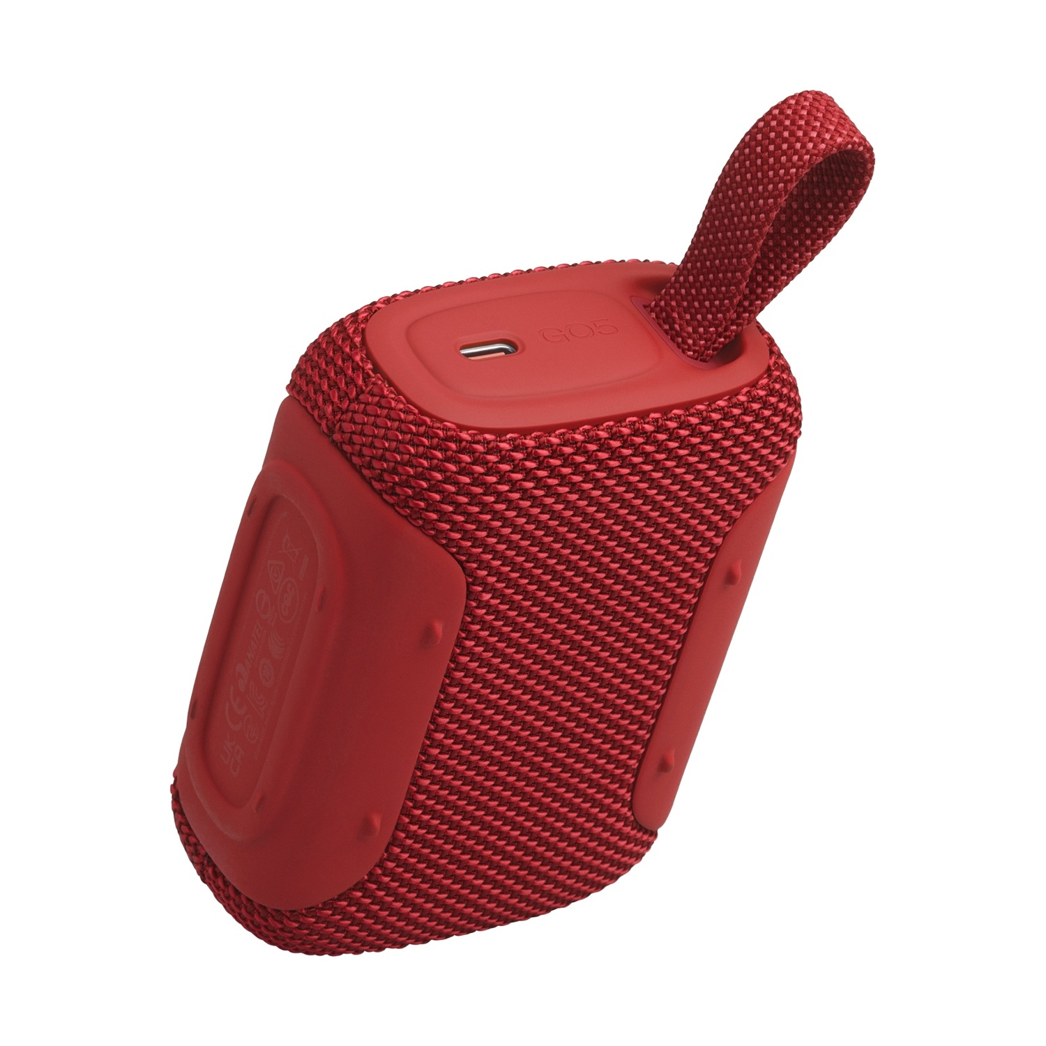 Un altoparlante portatile rosso con copertura in tessuto e un anello.