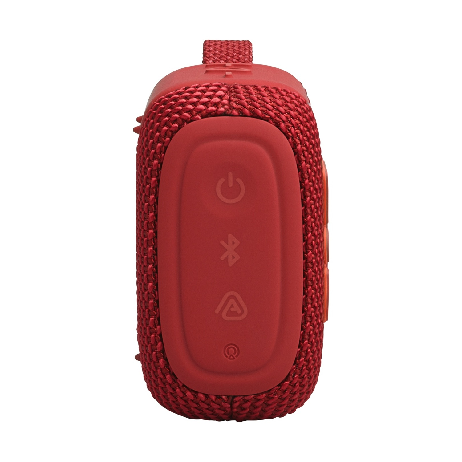 Altoparlante portatile rosso con pulsanti di accensione, Bluetooth e batteria.