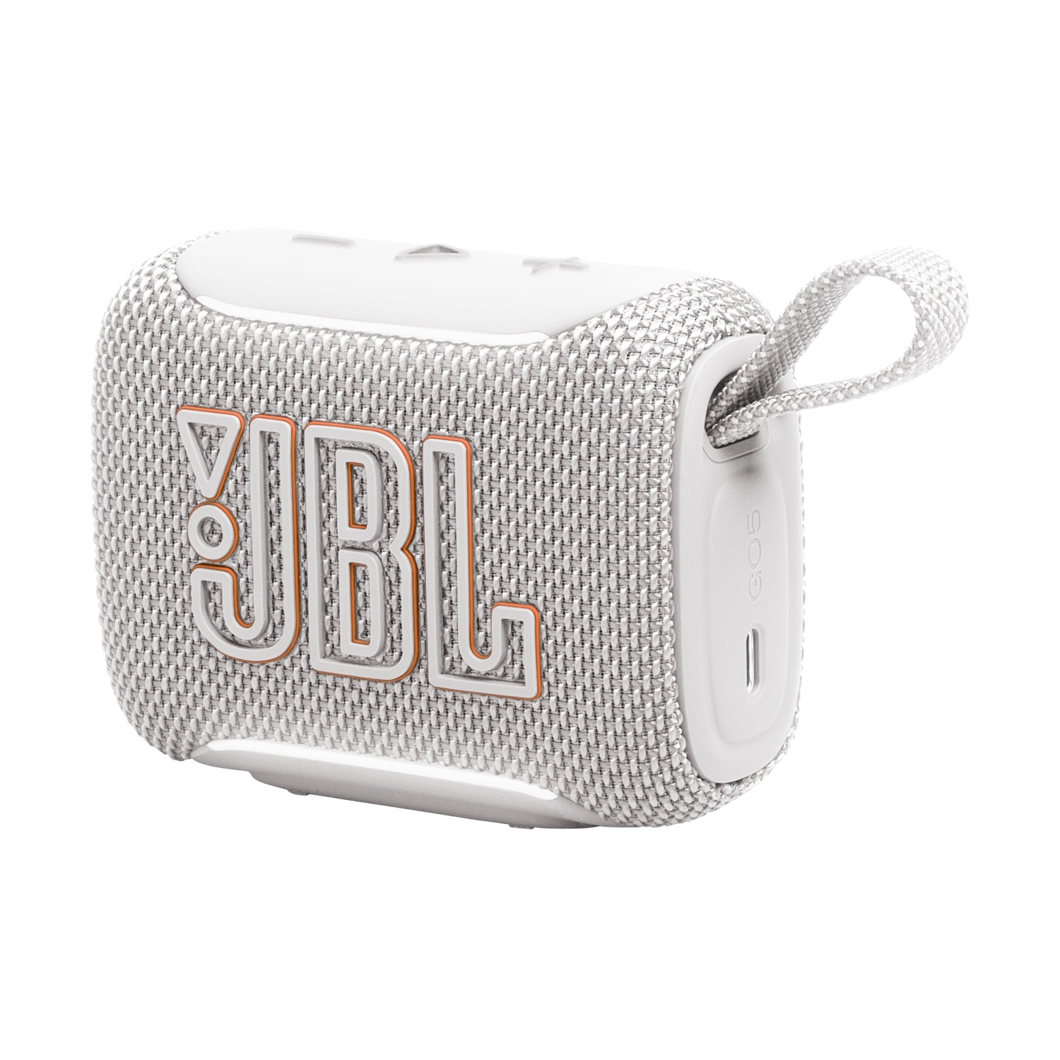 Un altoparlante JBL Go 3 bianco con cinturino e porta USB-C.