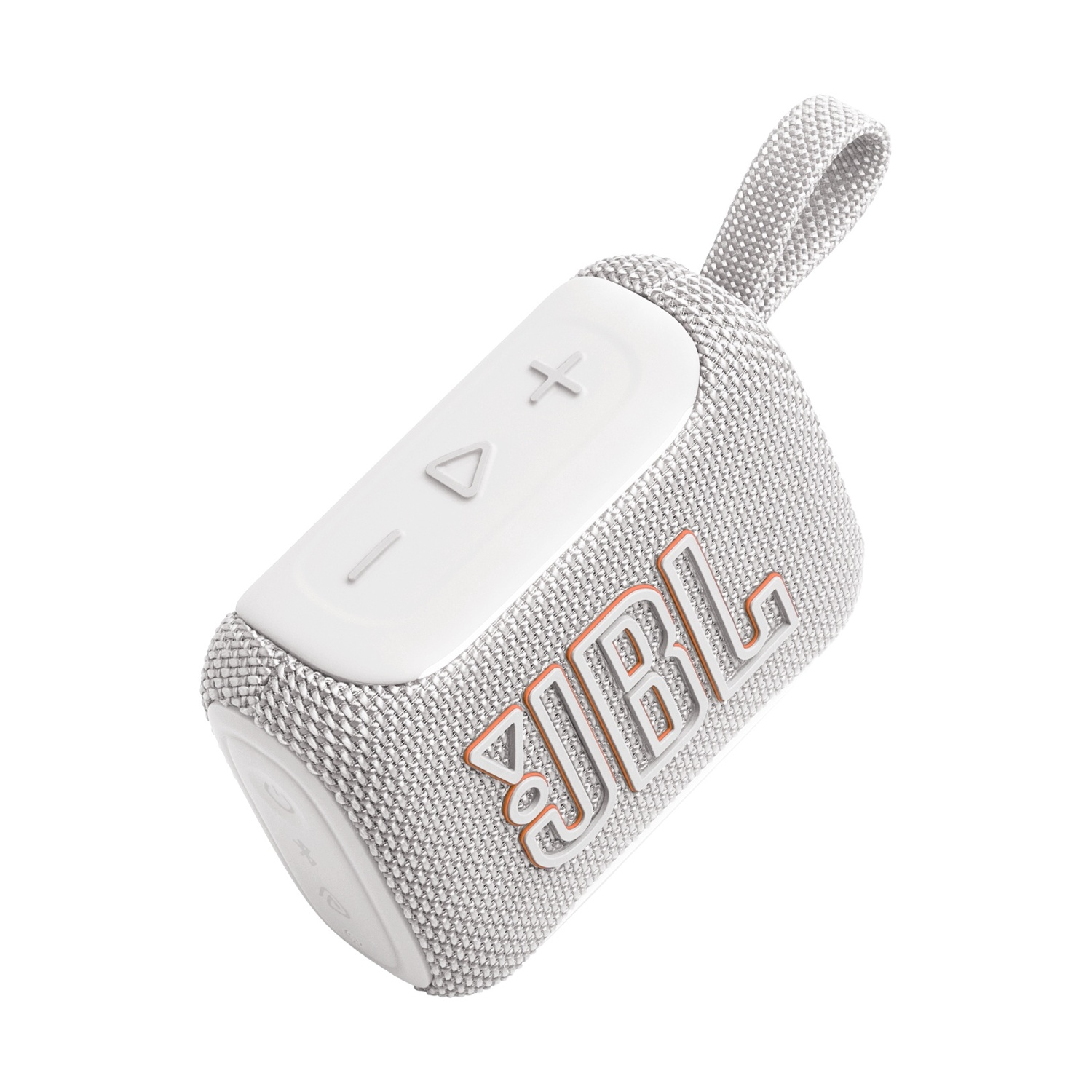 Un altoparlante portatile JBL bianco con logo JBL arancione, su sfondo bianco.