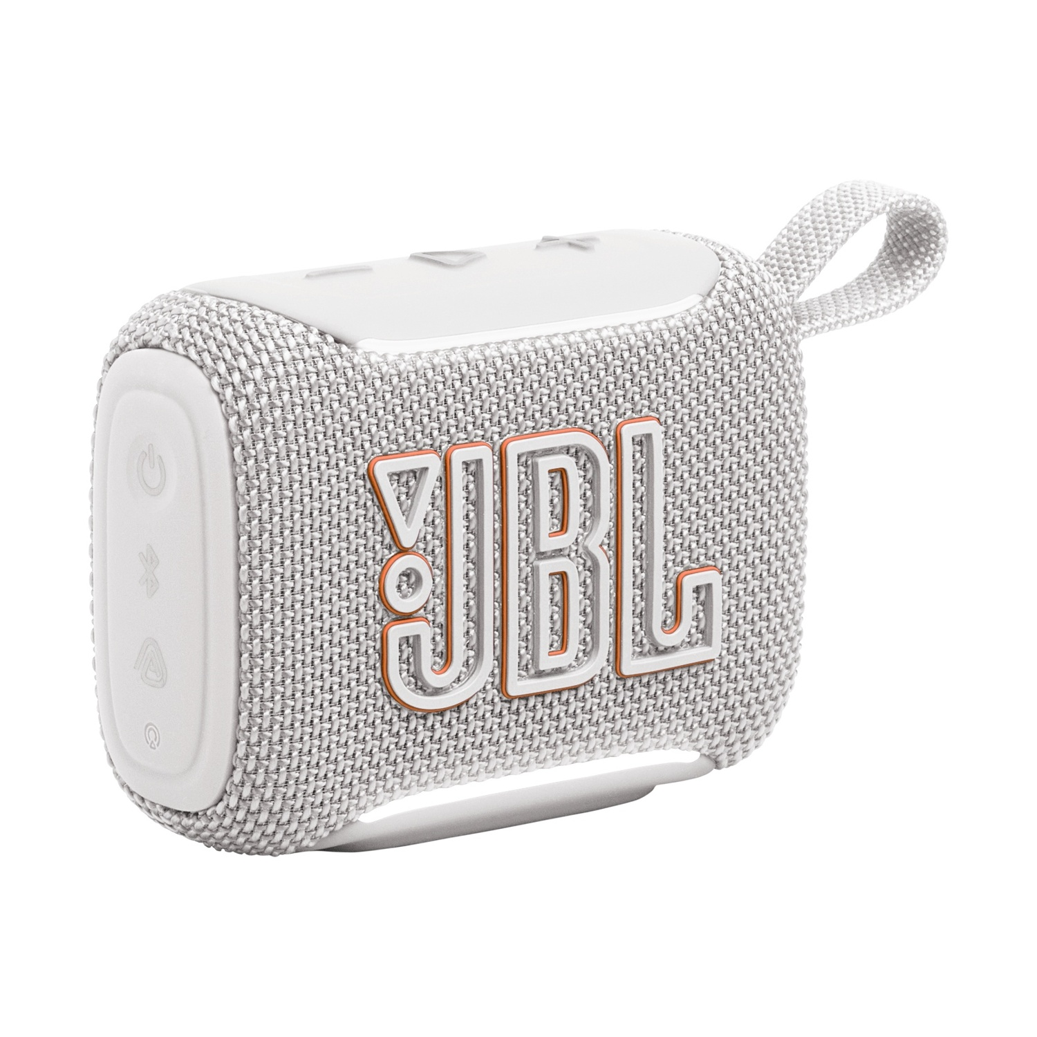 Un altoparlante JBL Go 3 bianco con logo arancione su sfondo bianco.