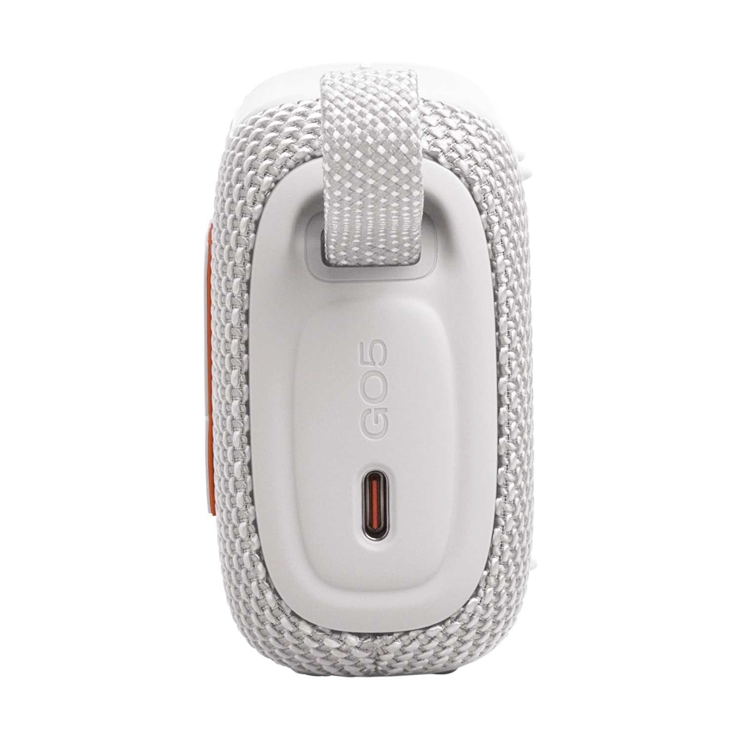 Un altoparlante portatile bianco e grigio con un anello in tessuto grigio e una striscia arancione, dotato di una porta USB-C.