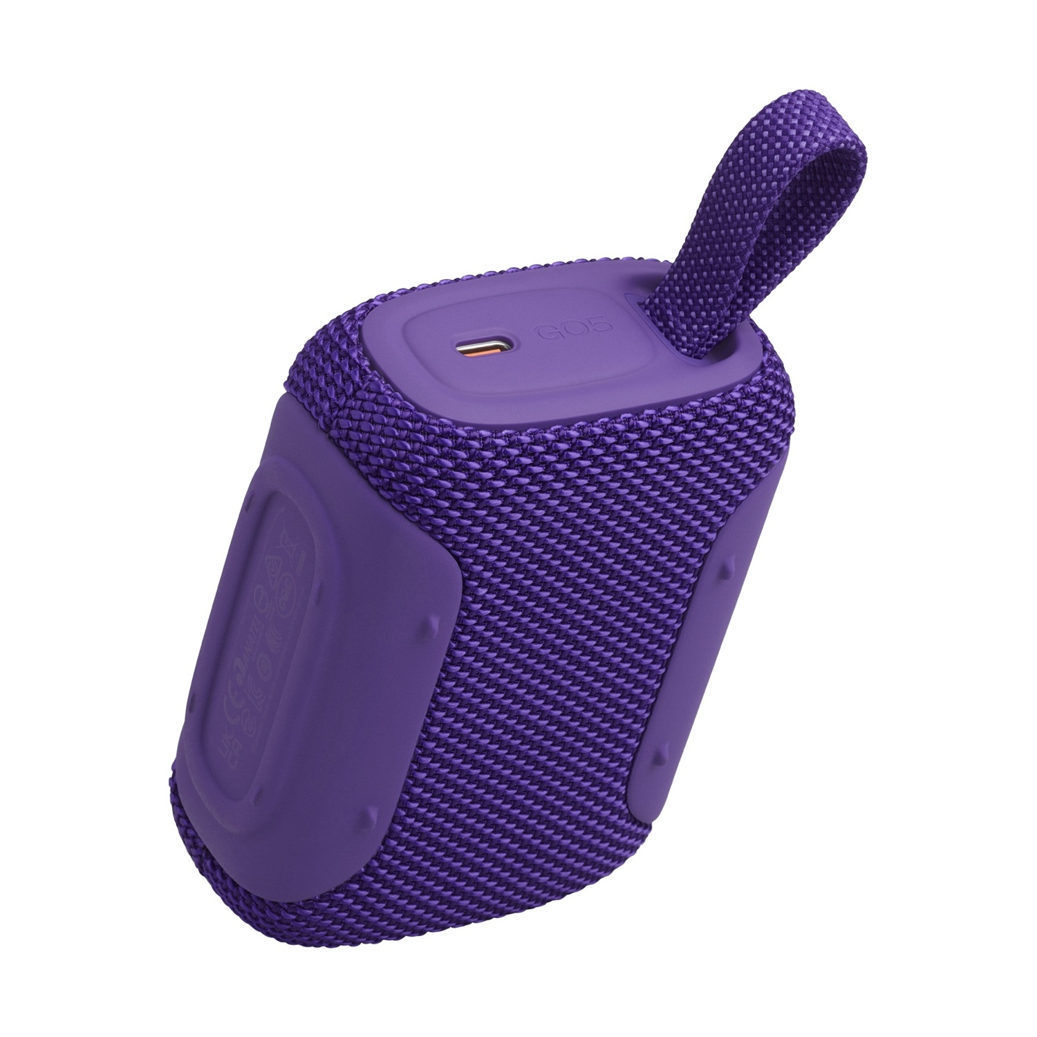 Un altoparlante Bluetooth portatile viola con cinturino e porta USB-C.