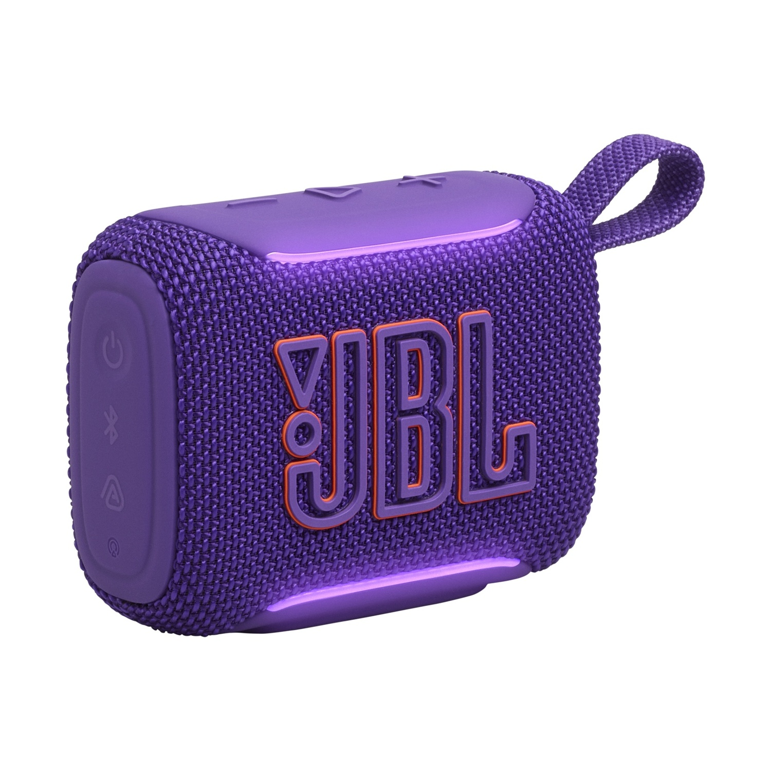Altoparlante Bluetooth JBL viola con logo arancione e tracolla.