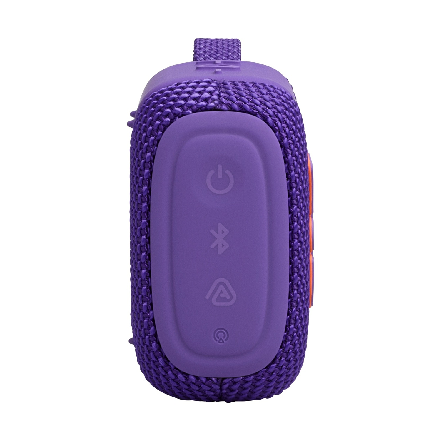 Altoparlante Bluetooth viola con pulsanti per accensione, Bluetooth e riproduzione.