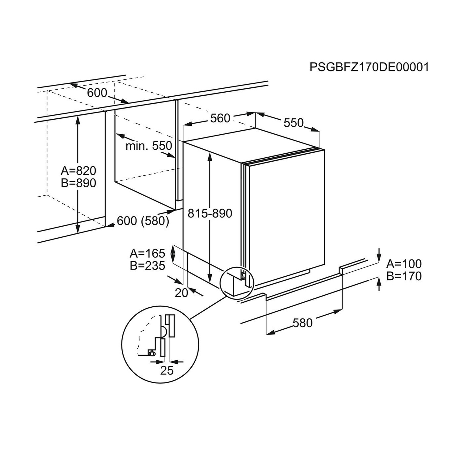 Disegno tecnico con dimensioni per una cucina componibile o un elettrodomestico.