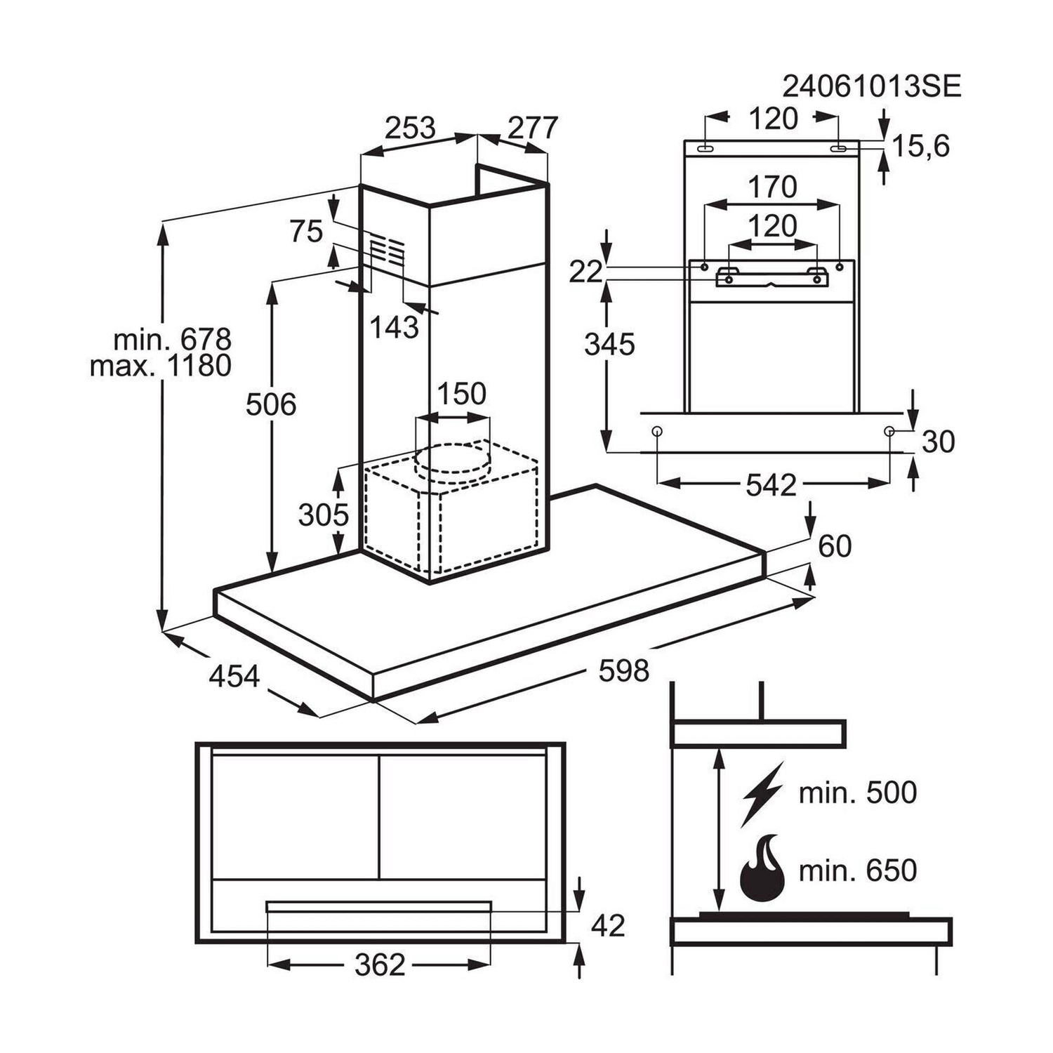Disegno tecnico di una cappa da cucina con dimensioni e istruzioni di montaggio.