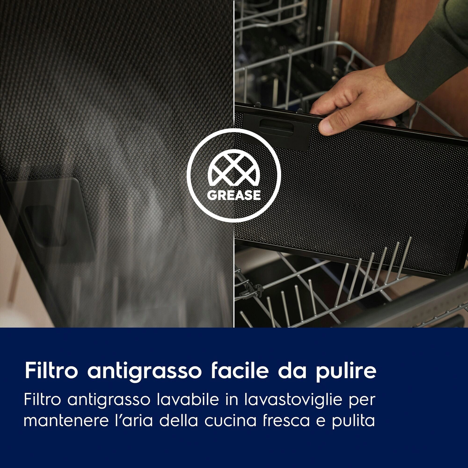 Un uomo rimuove un filtro antigrasso nero da una lavastoviglie.