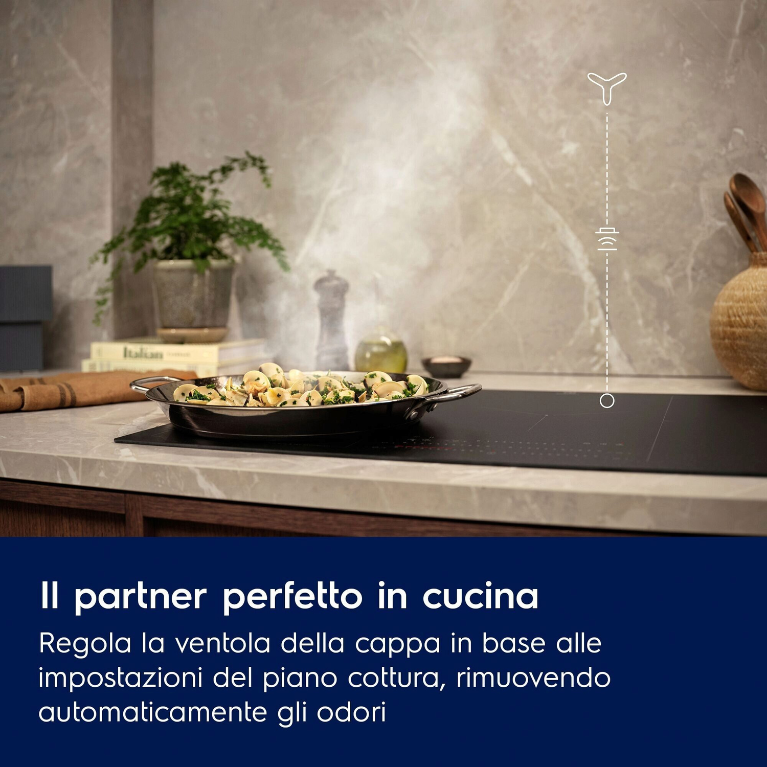 Un piano cottura con una pentola piena di cibo, una pianta e un macinapepe.