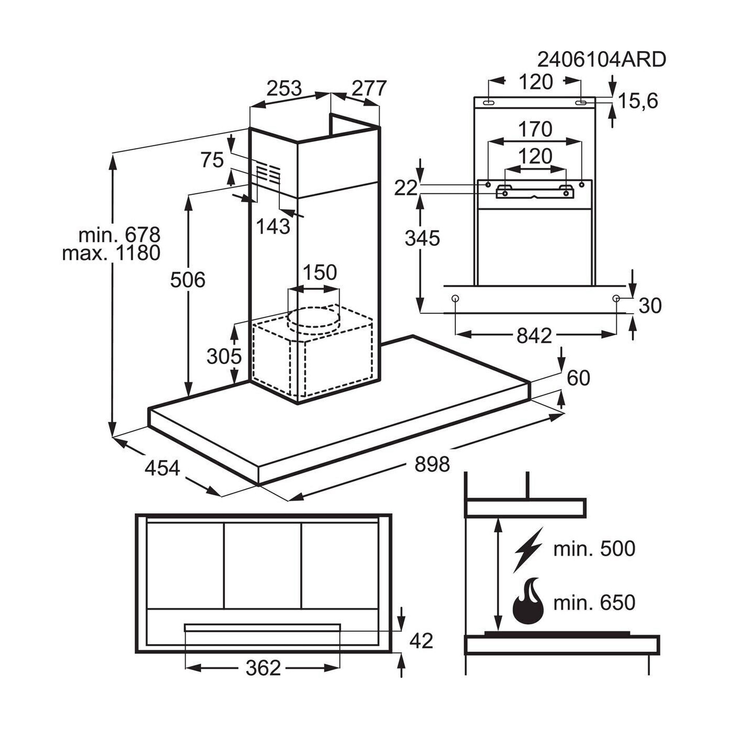 Disegno tecnico di una cappa da cucina con dimensioni e guide installazione.