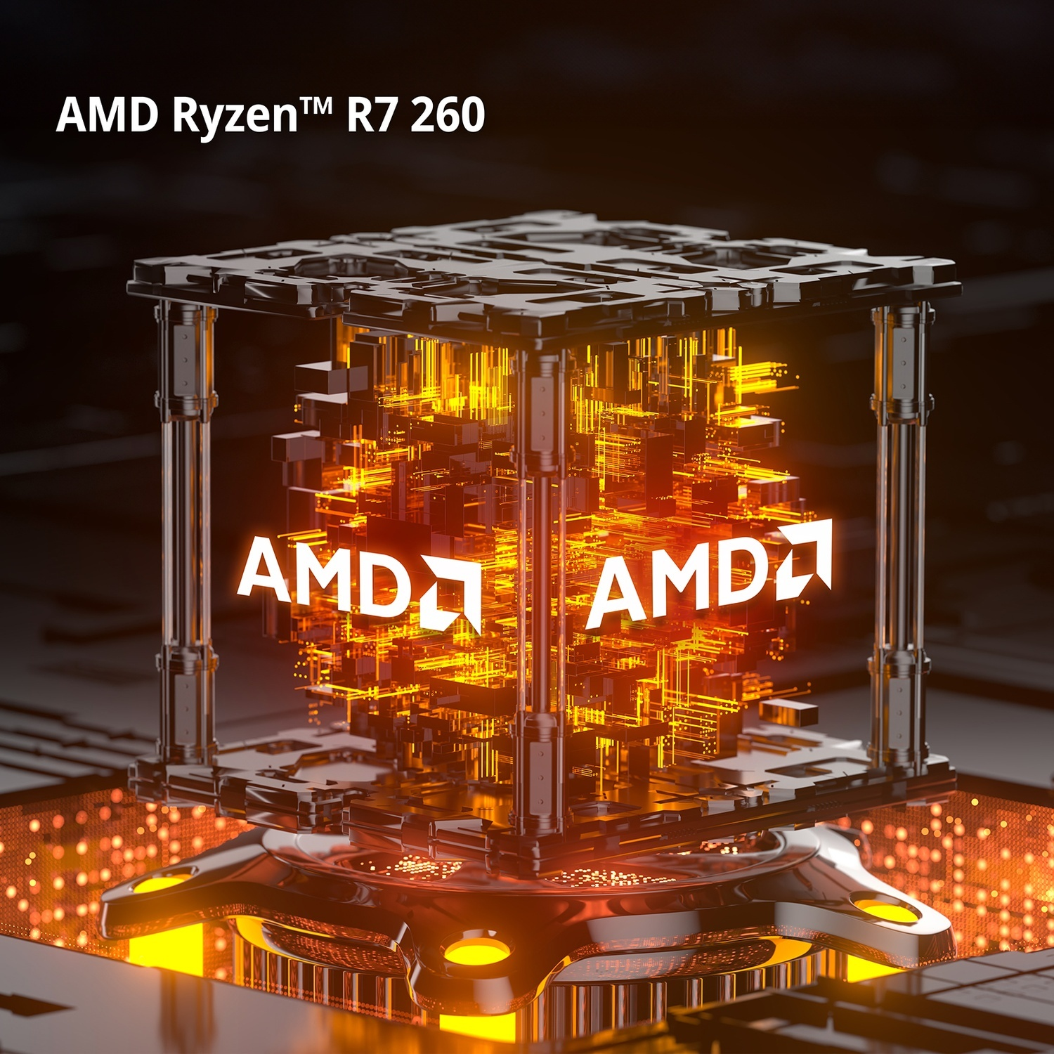 Core CPU AMD Ryzen R7 260 con circuiti arancioni luminosi e loghi AMD.