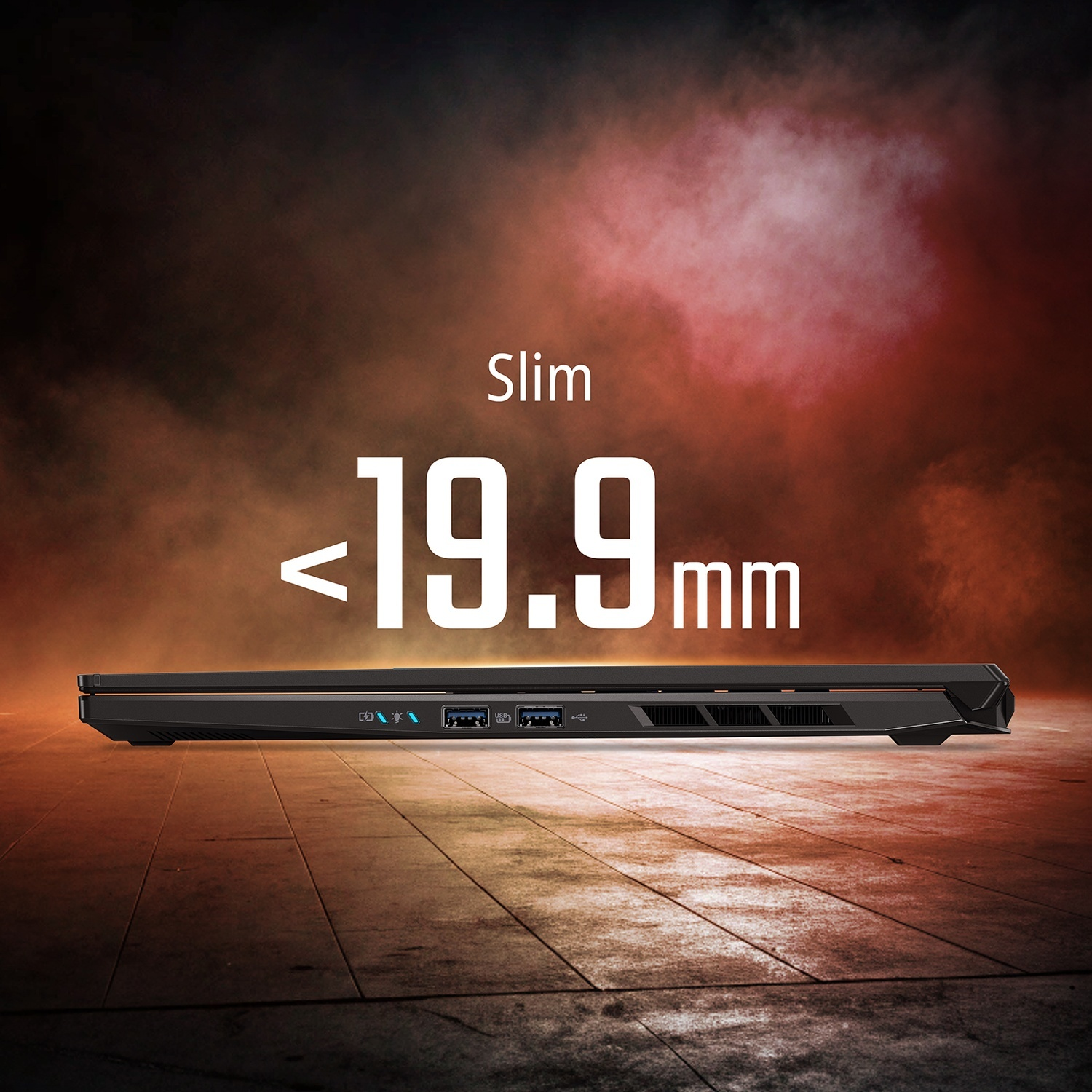 Laptop sottile sotto i 19,9 mm su pavimento in legno.