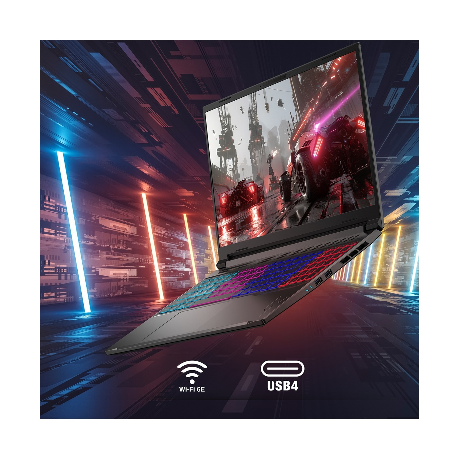 Un laptop da gaming con tastiera retroilluminata che mostra un gioco di corse. Luci al neon sullo sfondo.