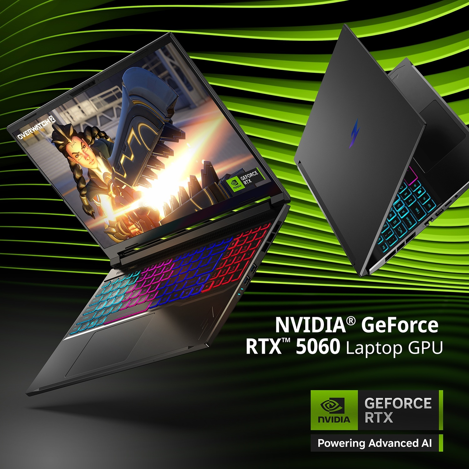 Un laptop con tastiera RGB mostra Overwatch 2. Un secondo laptop è accanto.