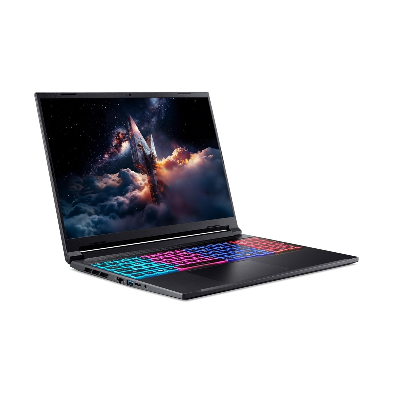 Laptop nero con tastiera colorata e sfondo a tema spaziale.