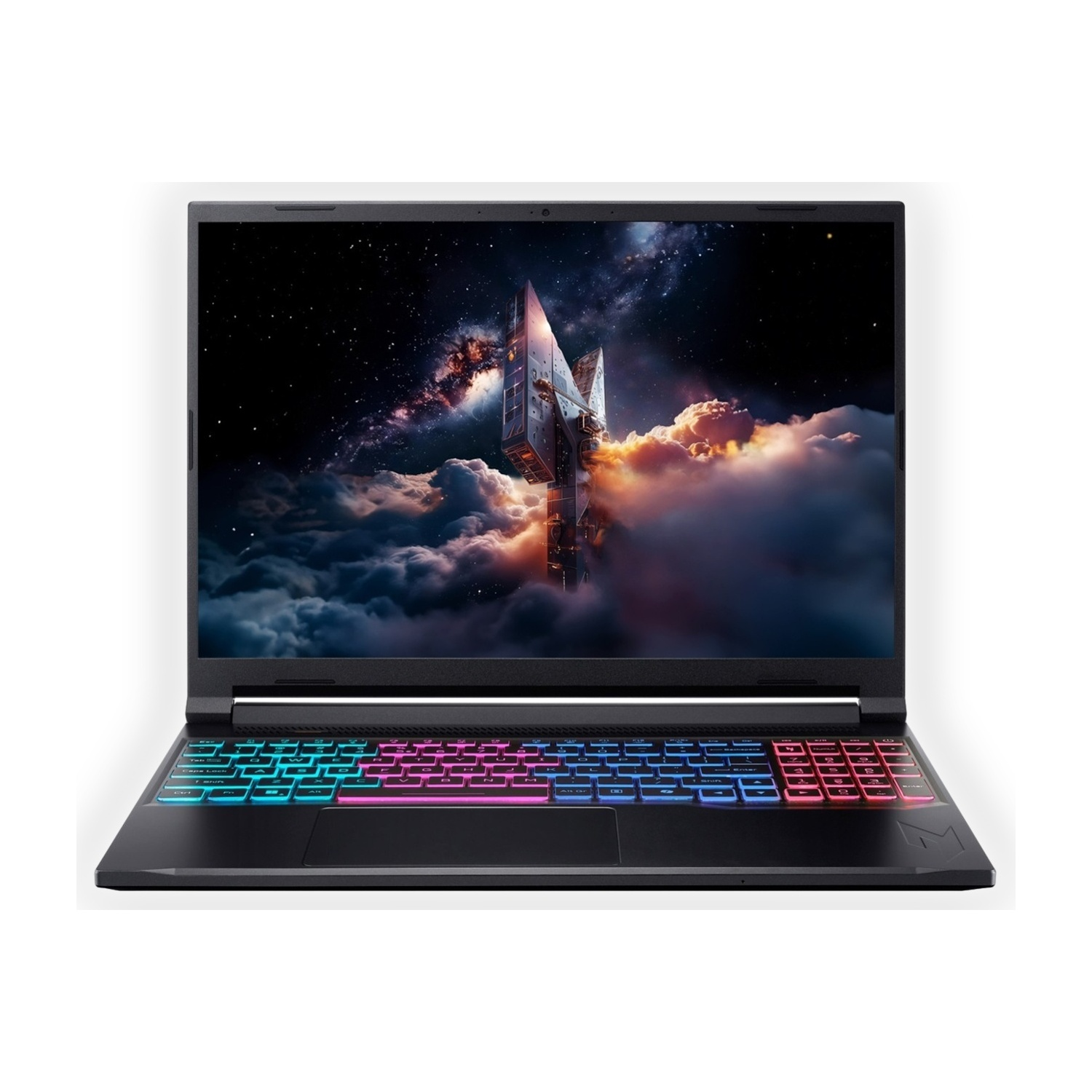Un laptop aperto con uno sfondo a tema spaziale e retroilluminazione colorata della tastiera.