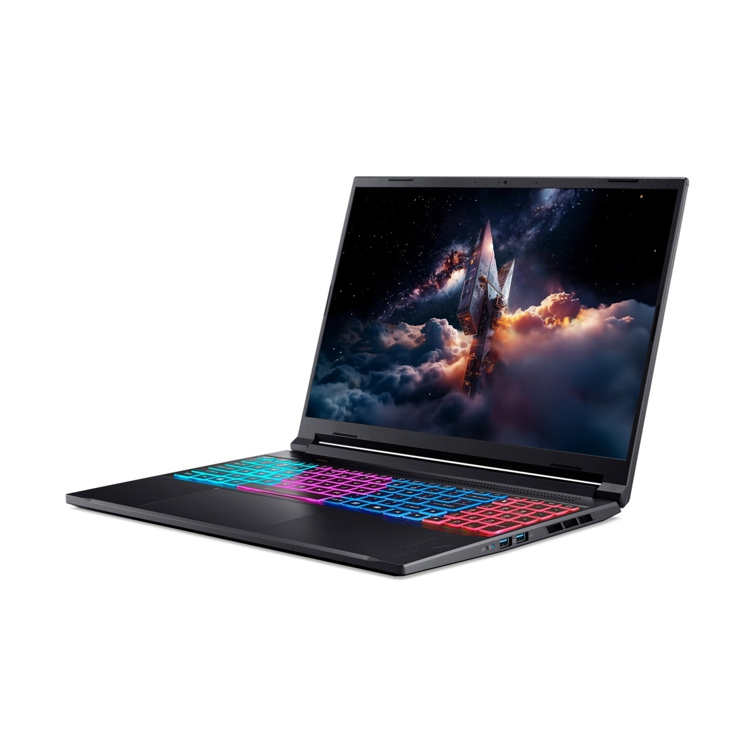 Un laptop nero con sfondo a tema spaziale e tastiera illuminata colorata.