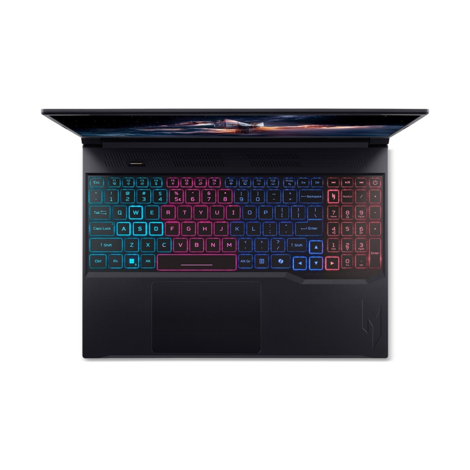 Vista dall'alto di un laptop nero aperto con tasti colorati illuminati e una scena spaziale sullo schermo.