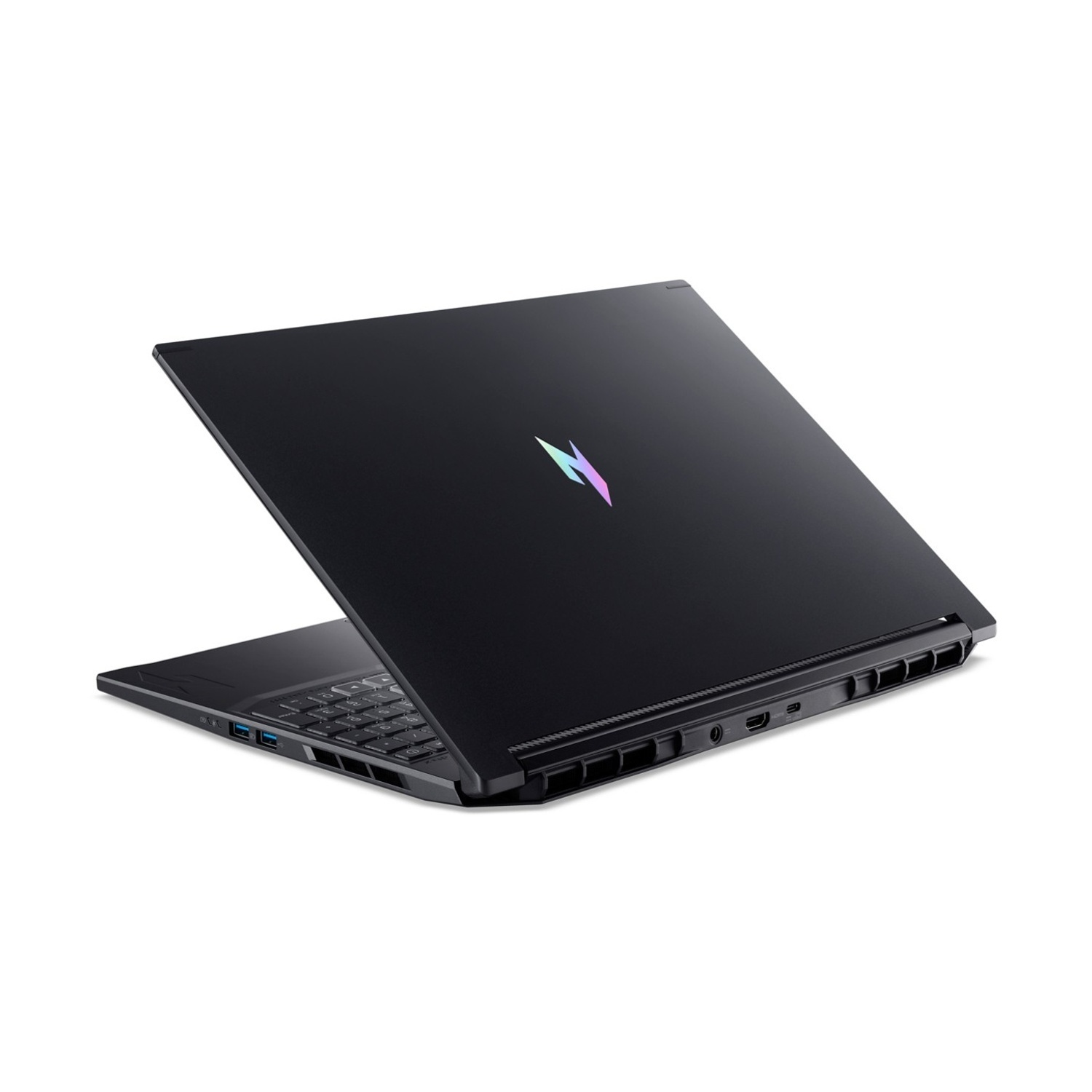 Laptop nero con logo illuminato sul coperchio e tastiera aperta, visto di lato.