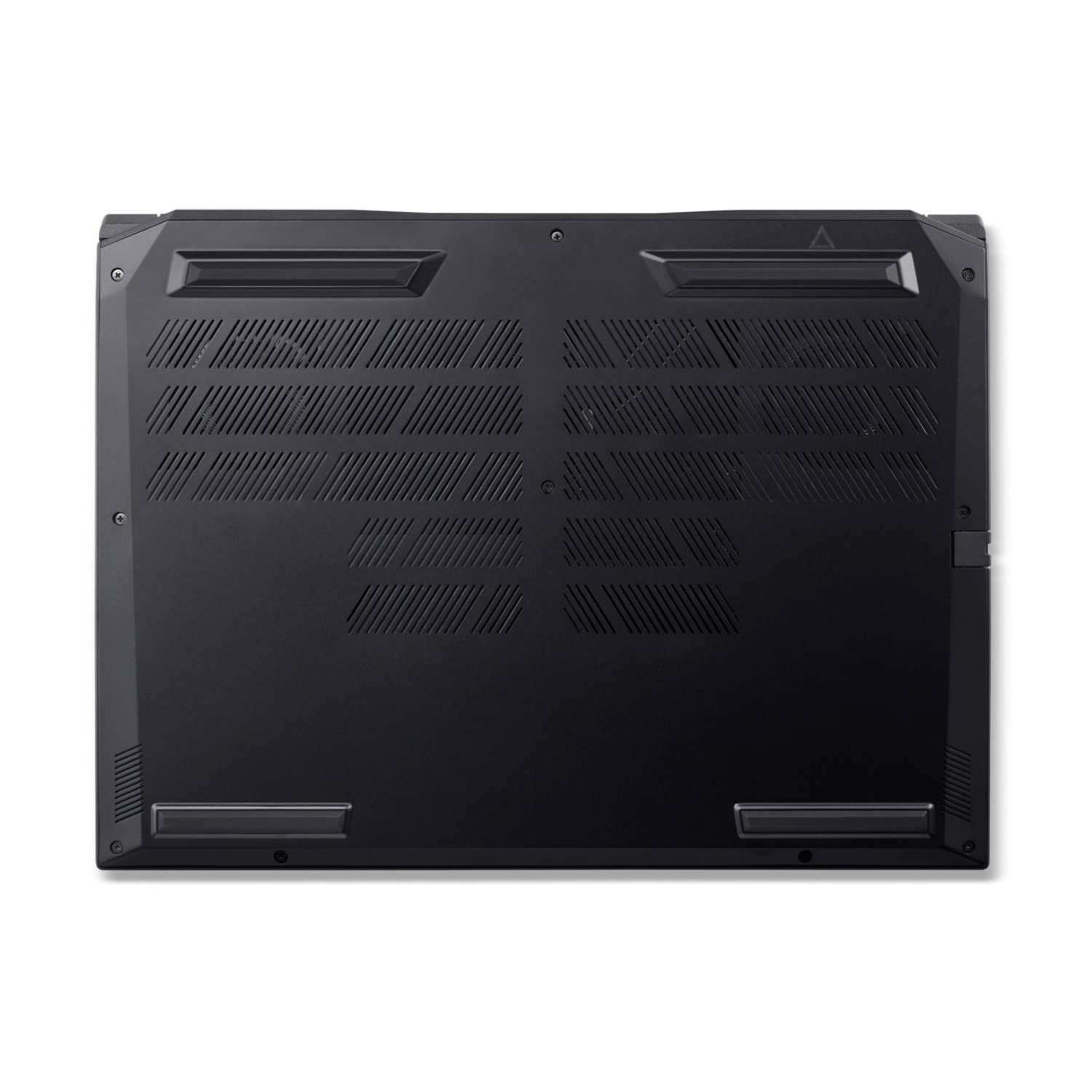 Parte inferiore di un laptop nero con fessure di ventilazione e viti.