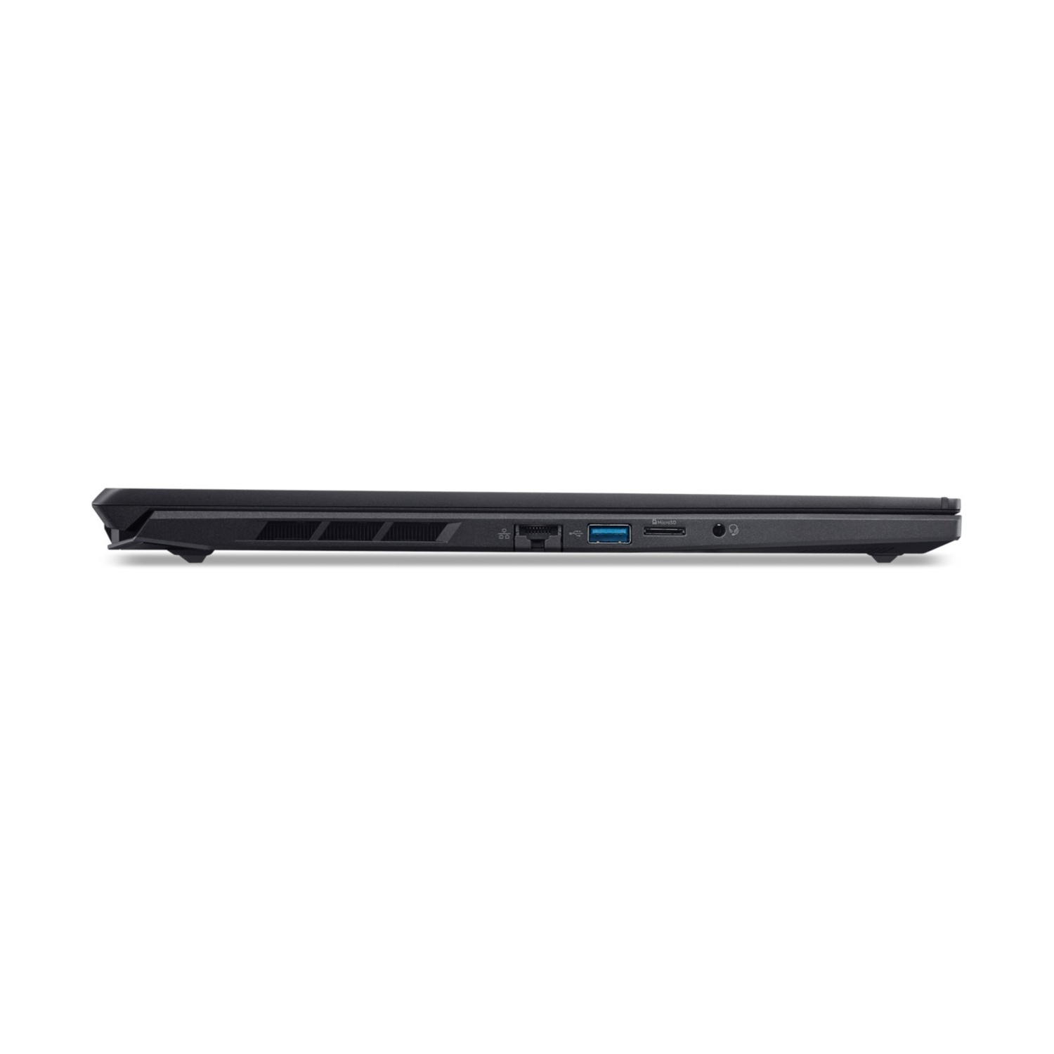 Vista laterale di un laptop nero che mostra le porte: USB, lettore di schede MicroSD, audio.