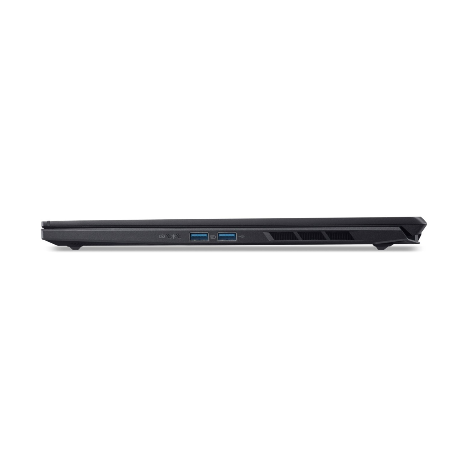 Vista laterale di un laptop nero con porte USB e fessure di ventilazione.