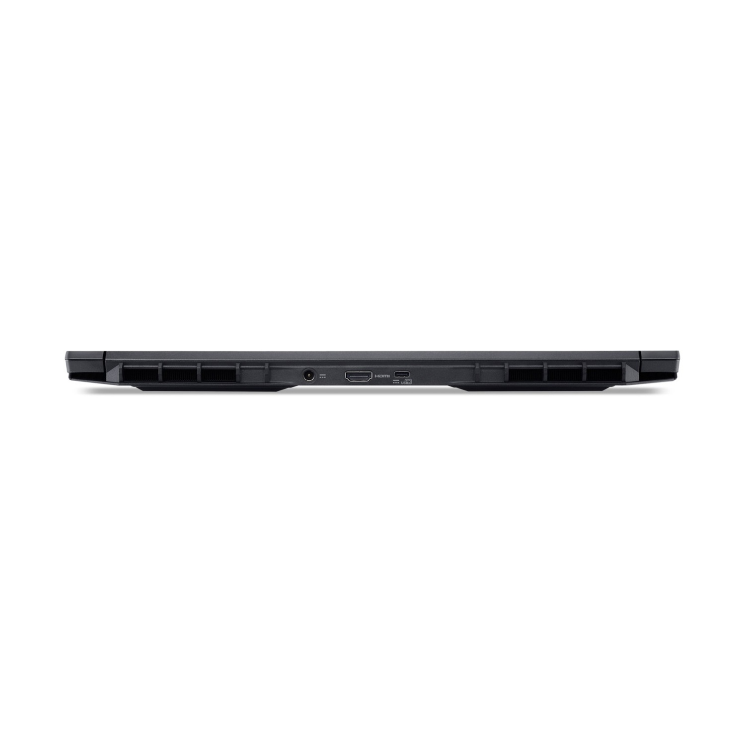 Vista posteriore di un laptop nero che mostra porte di alimentazione, HDMI e USB.
