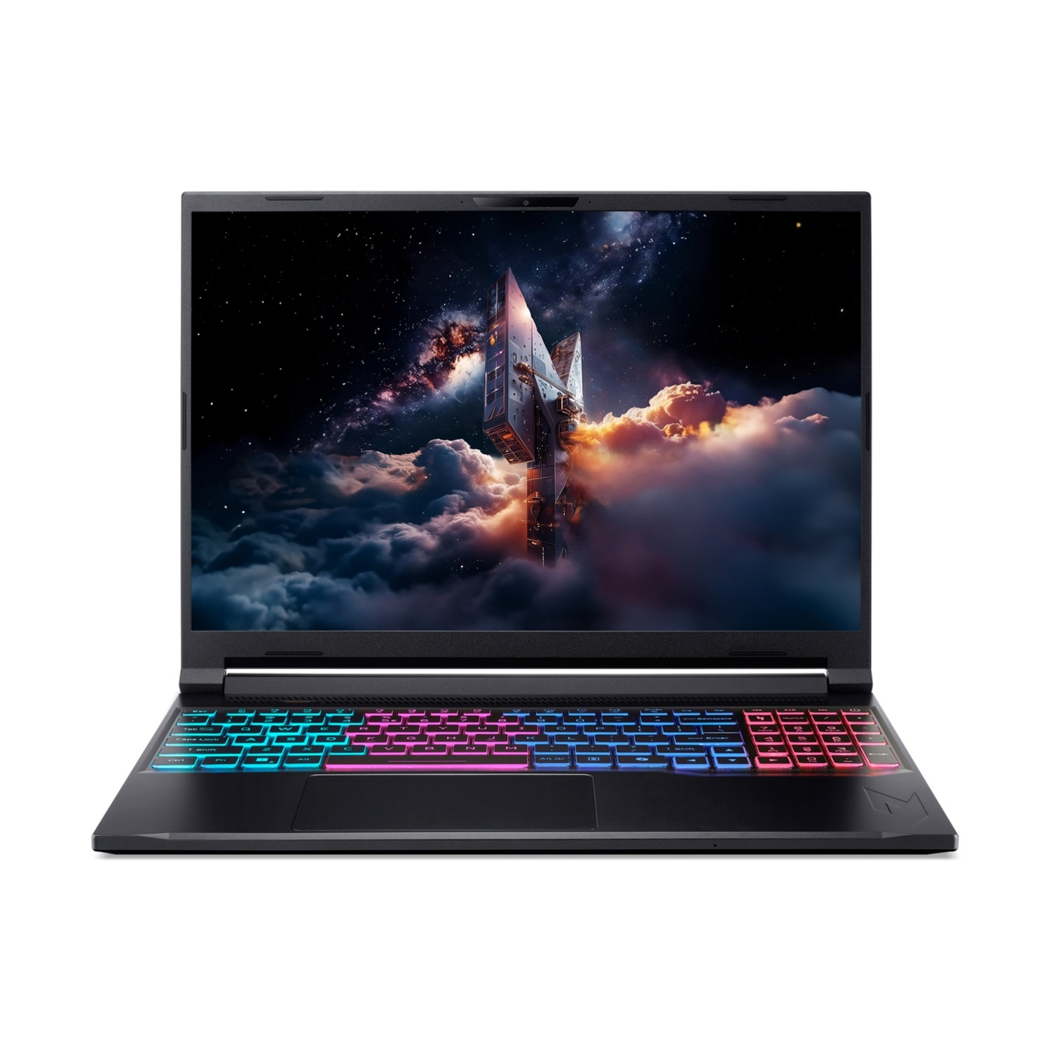 Un laptop aperto mostra una scena spaziale con tastiera retroilluminata colorata.