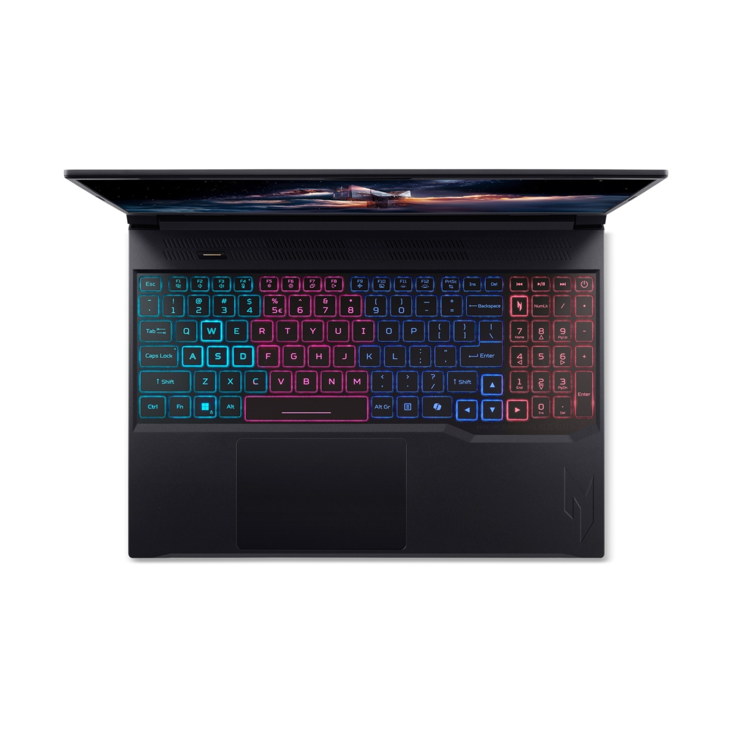 Laptop nero con tastiera e schermo colorati e illuminati che mostrano una scena spaziale.