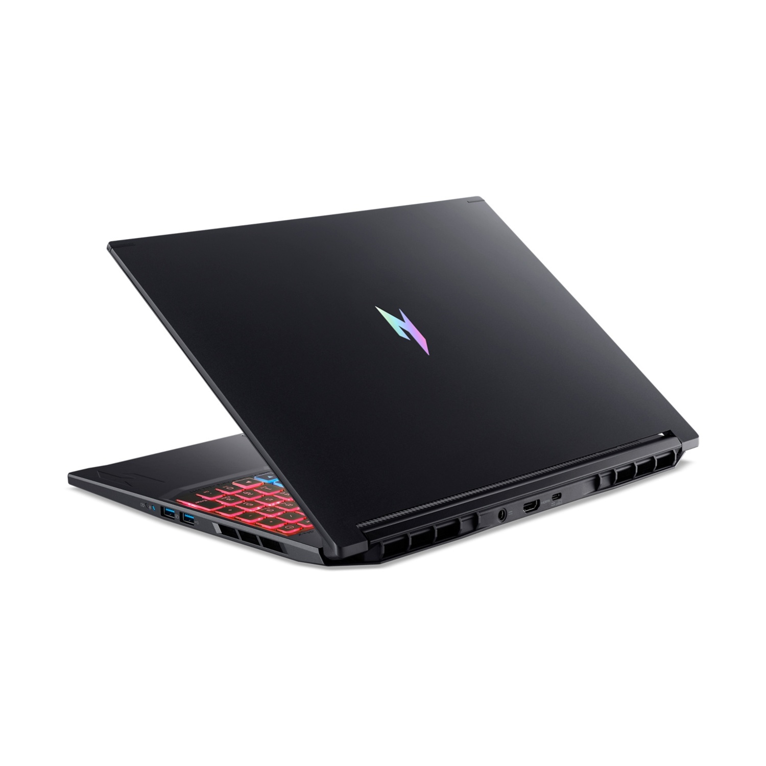 Laptop nero con tastiera illuminata e logo sul coperchio chiuso, vista angolata.