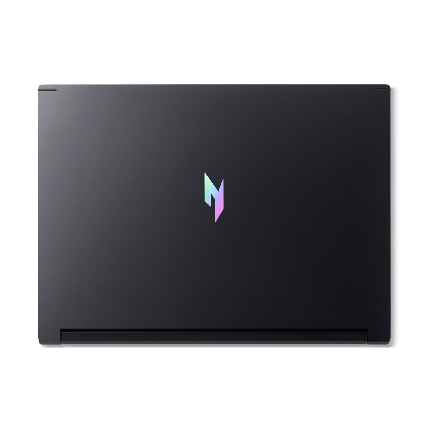 Laptop nero chiuso con logo colorato al centro.