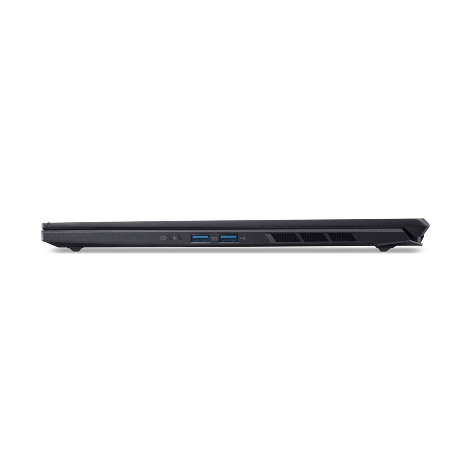 Vista laterale di un laptop nero con tre porte USB.