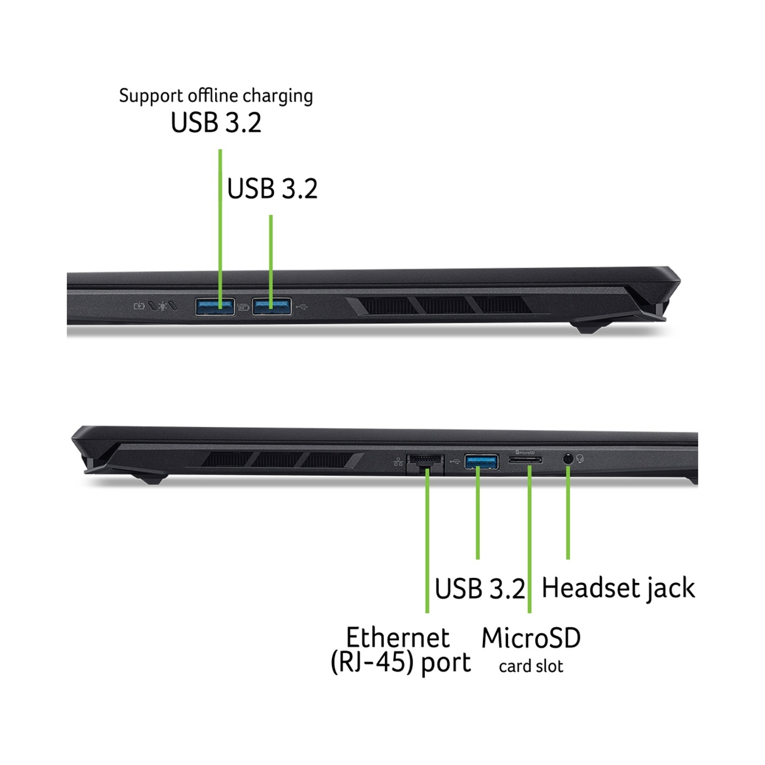 Lati del laptop che mostrano USB 3.2, Ethernet, MicroSD e jack per cuffie.