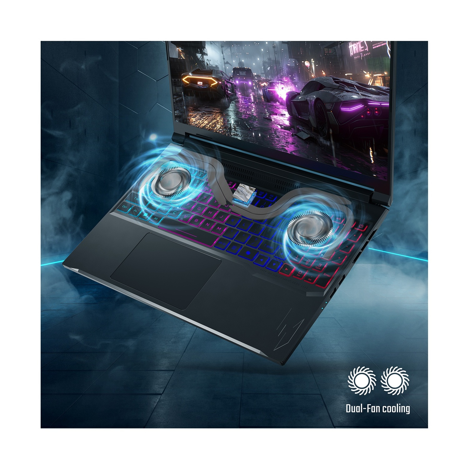 Un laptop da gaming con tastiera RGB e doppie ventole che soffiano aria fresca.