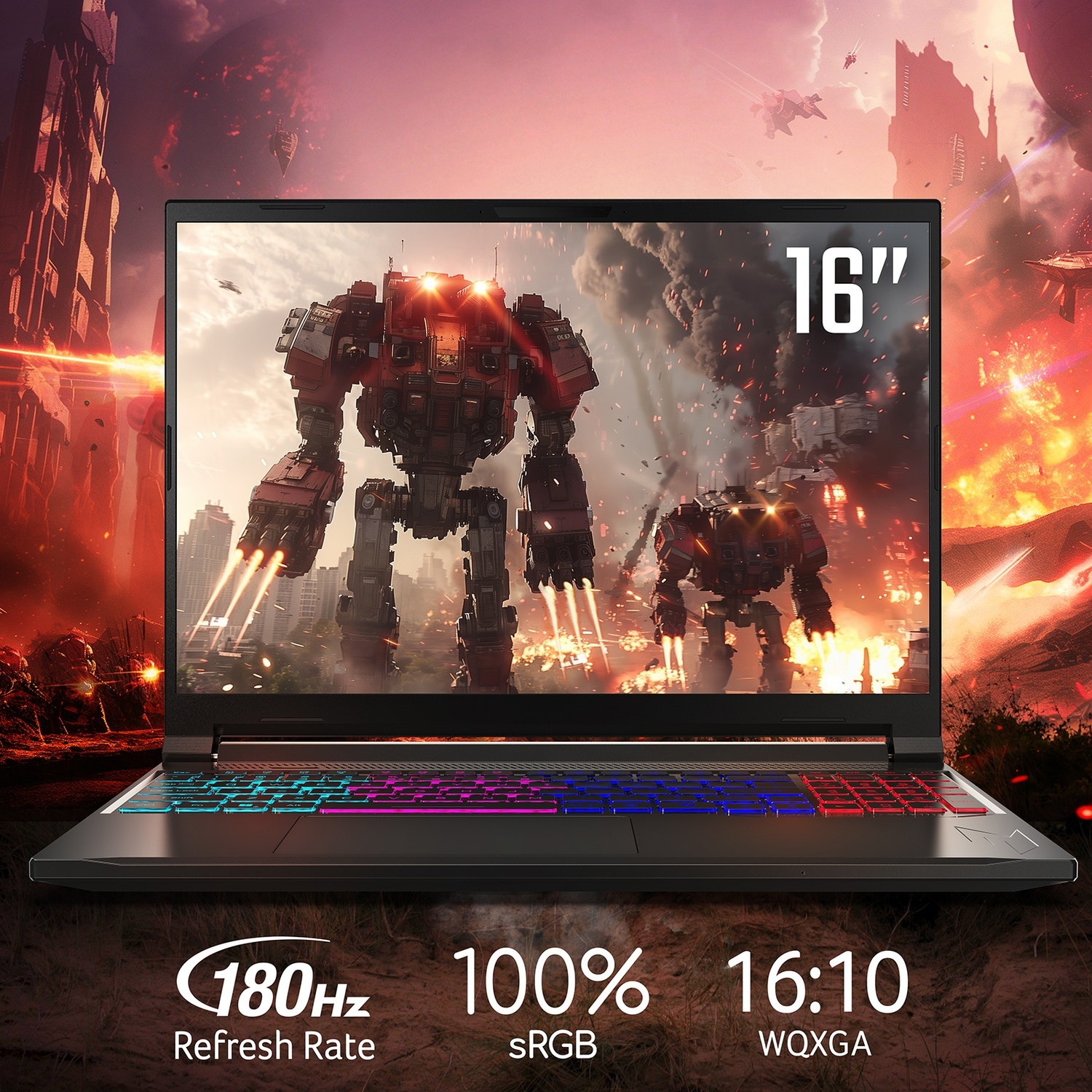 Laptop da gaming con schermo da 16" che mostra mech in battaglia. Tastiera RGB.