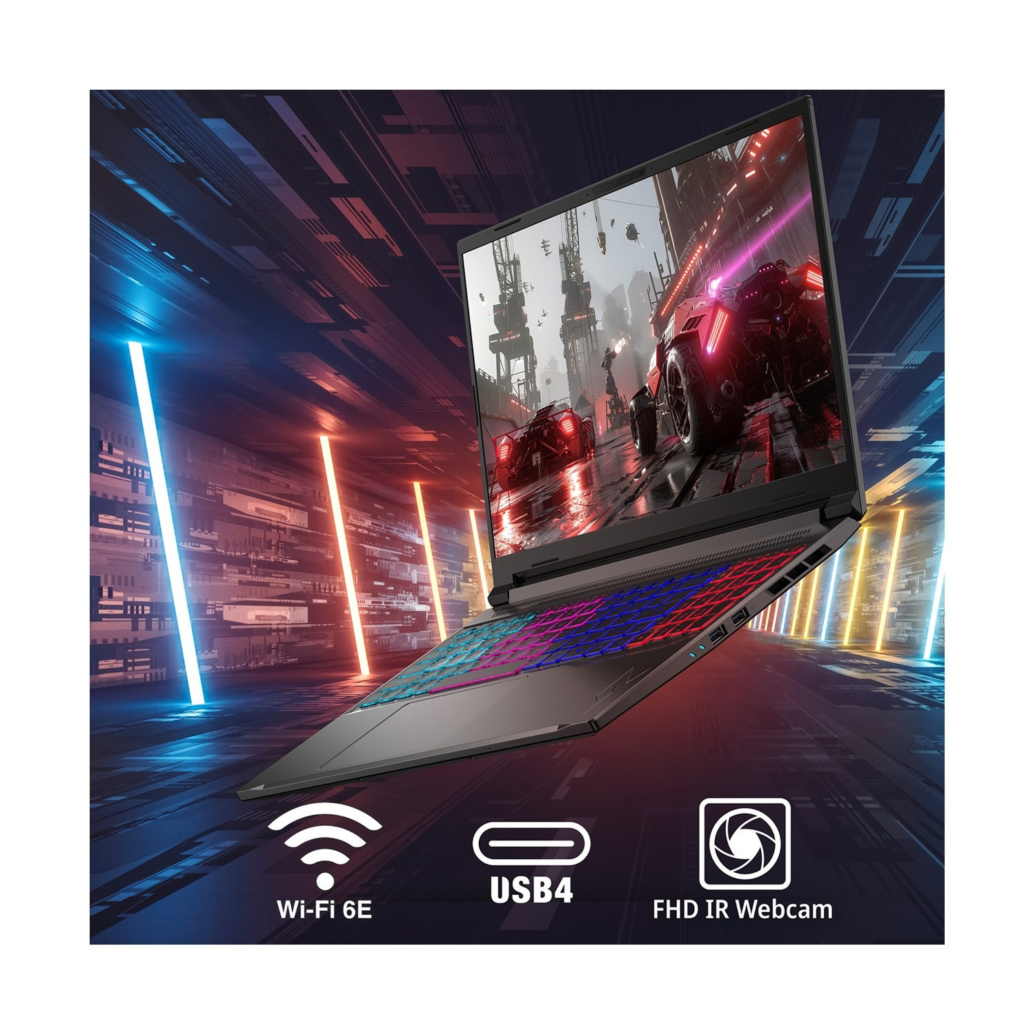 Un laptop con tastiera colorata e scena di gioco sullo schermo.