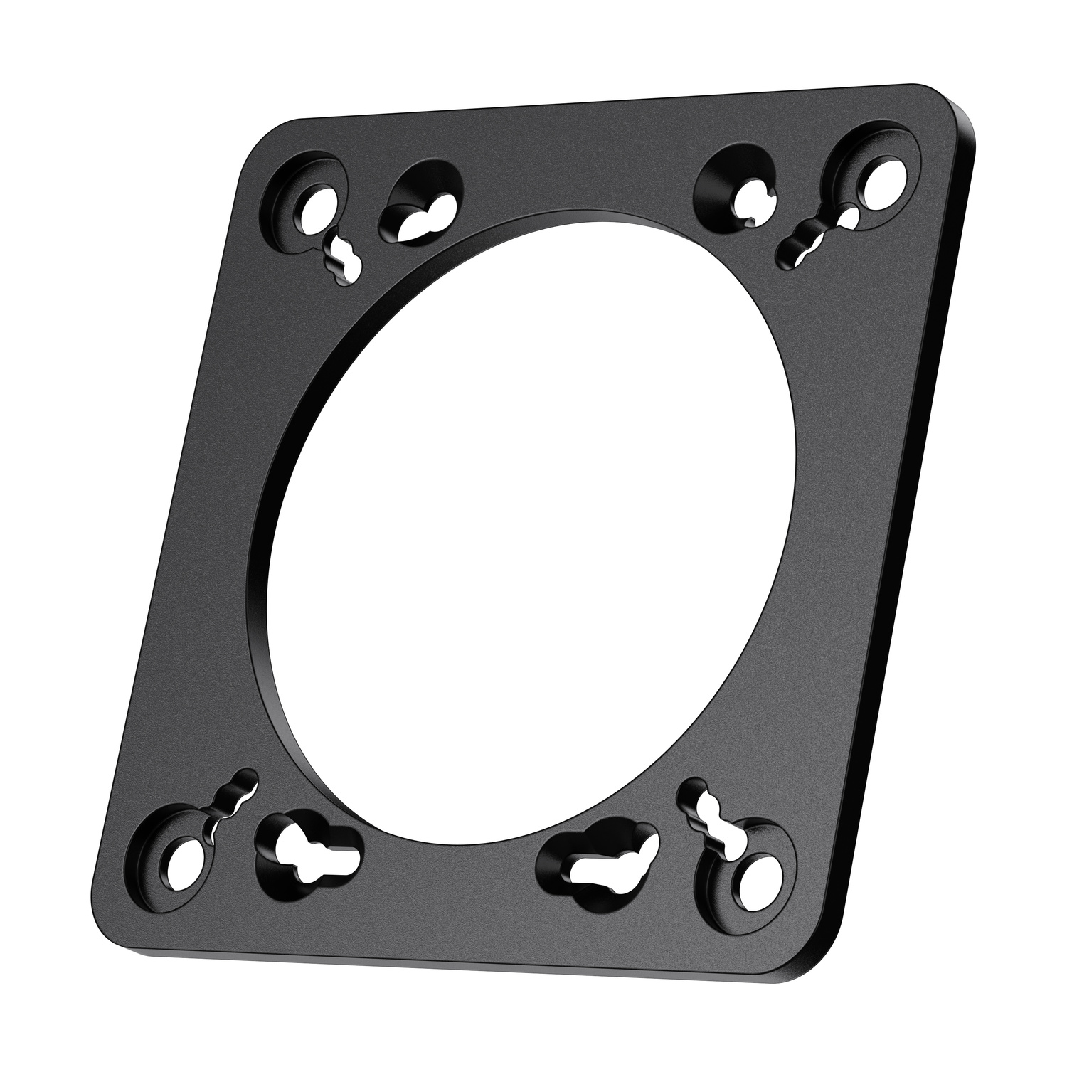 Un pezzo di metallo nero, quadrato, con un grande ritaglio circolare e quattro fori più piccoli.
