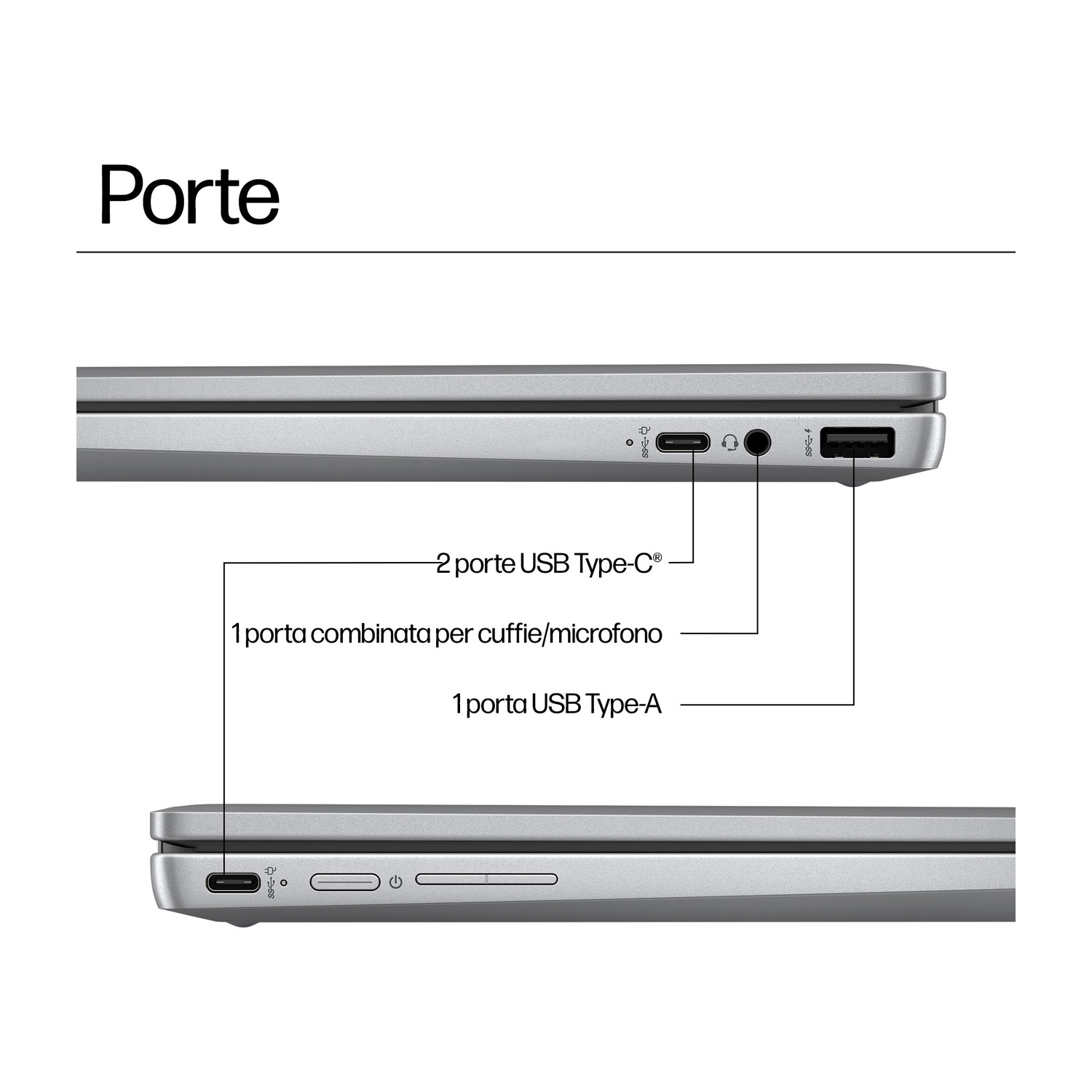 Particolare delle porte del laptop: 2x USB-C, 1x cuffie/microfono, 1x USB-A.