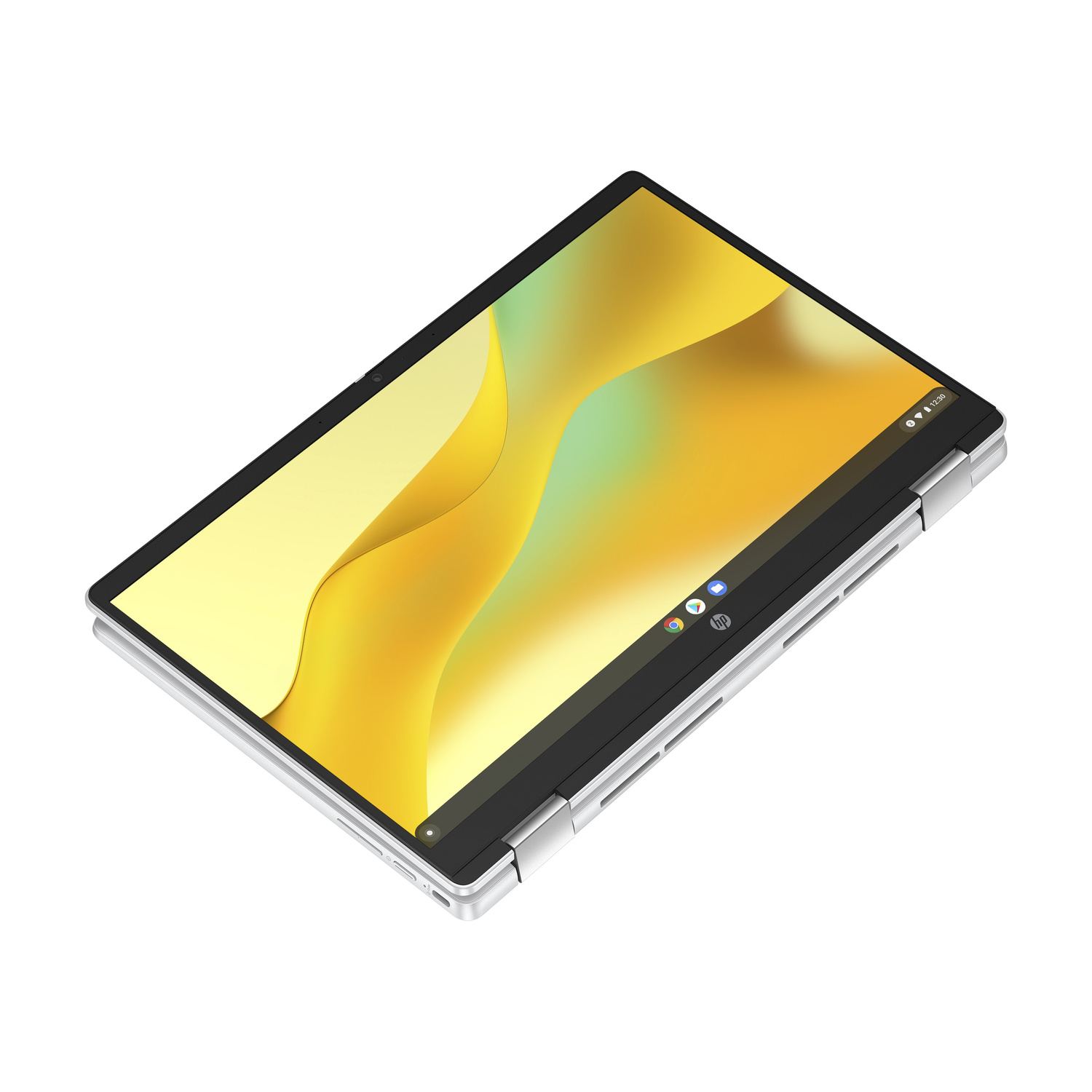 Un laptop argentato aperto con un design astratto giallo e verde sullo schermo.