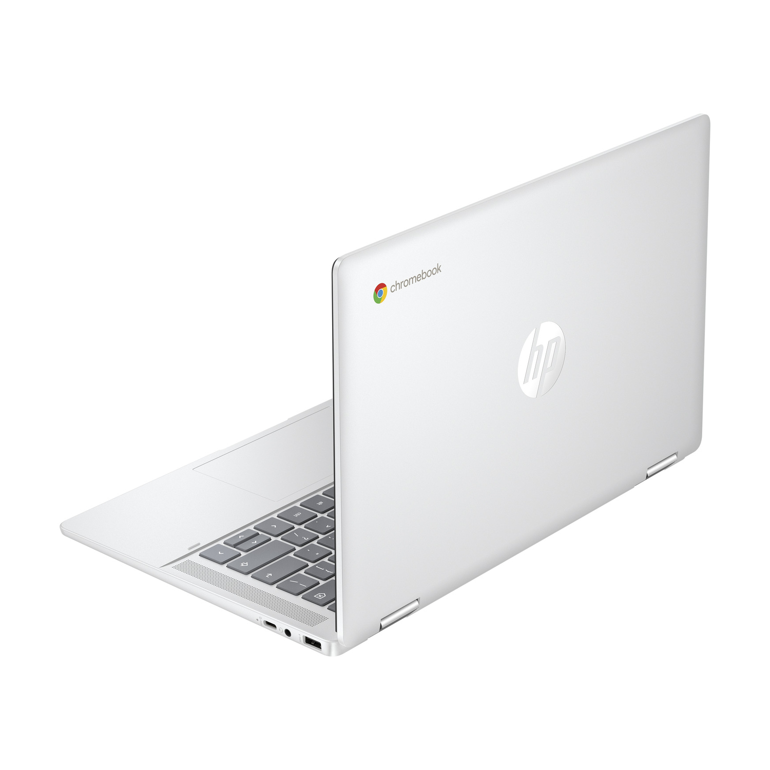 Un laptop HP Chromebook bianco, che mostra tastiera e porte.
