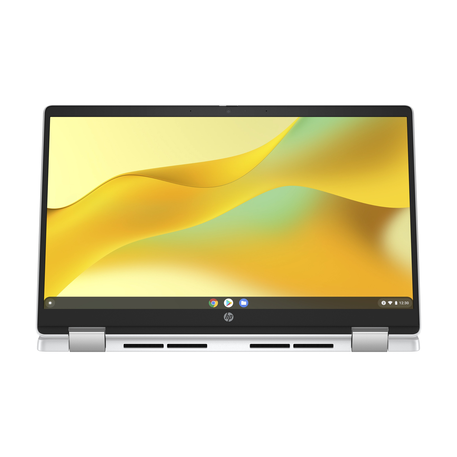 Un laptop HP argentato con lo schermo aperto che mostra uno sfondo giallo e verde.