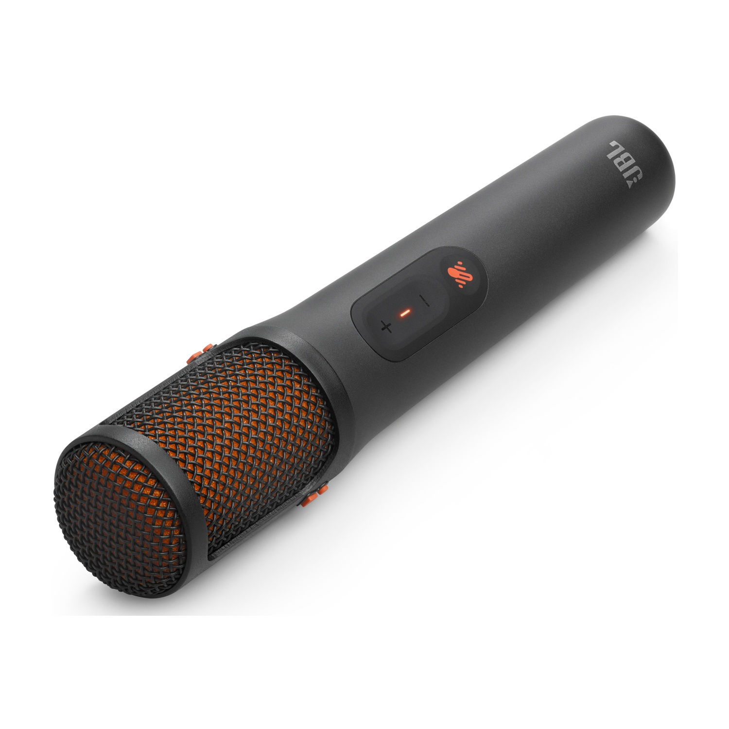Un microfono JBL nero con griglia arancione e pulsanti di controllo.