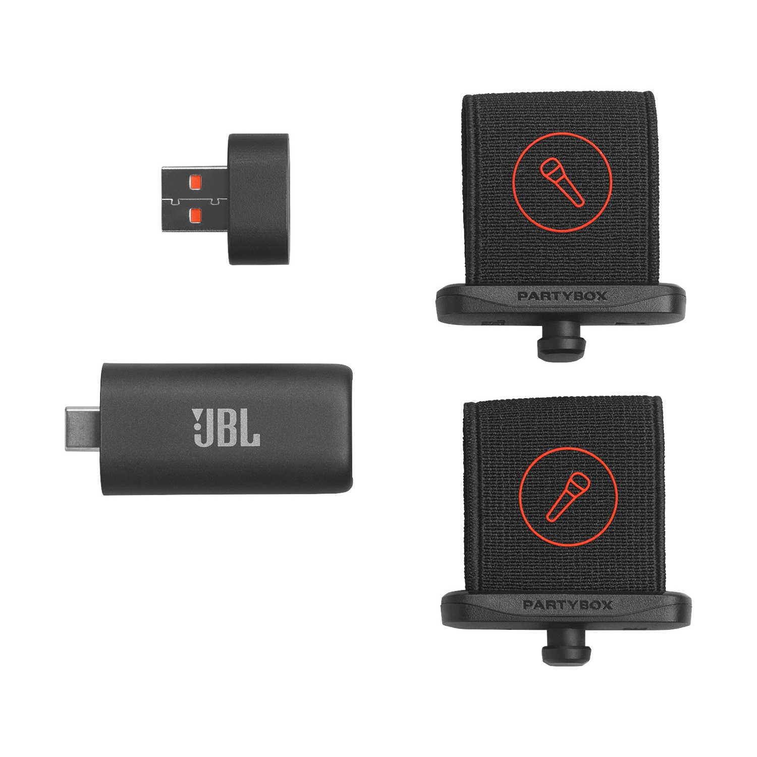 Due trasmettitori USB neri e due supporti per microfono neri con icona microfono rossa.