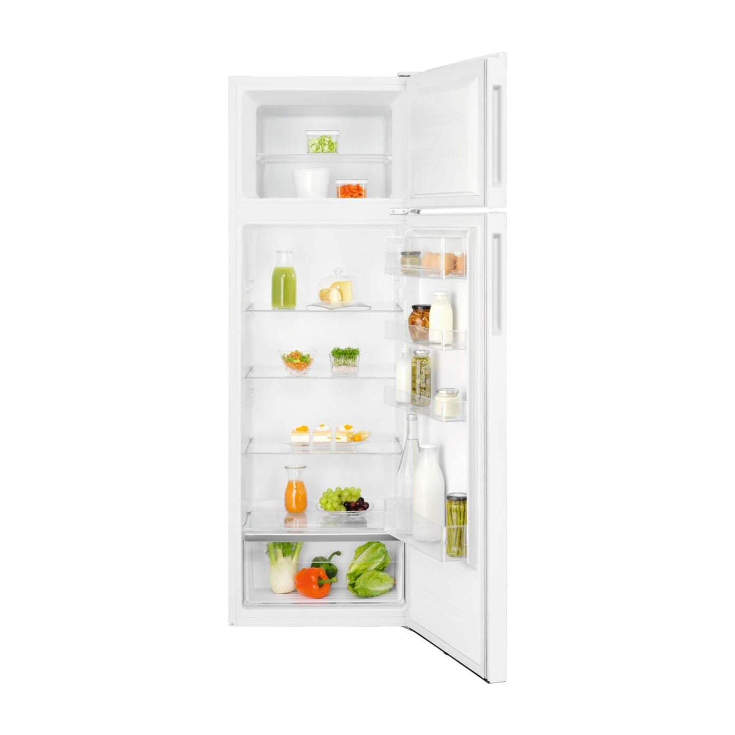 Un frigorifero bianco con porta aperta, pieno di cibo.